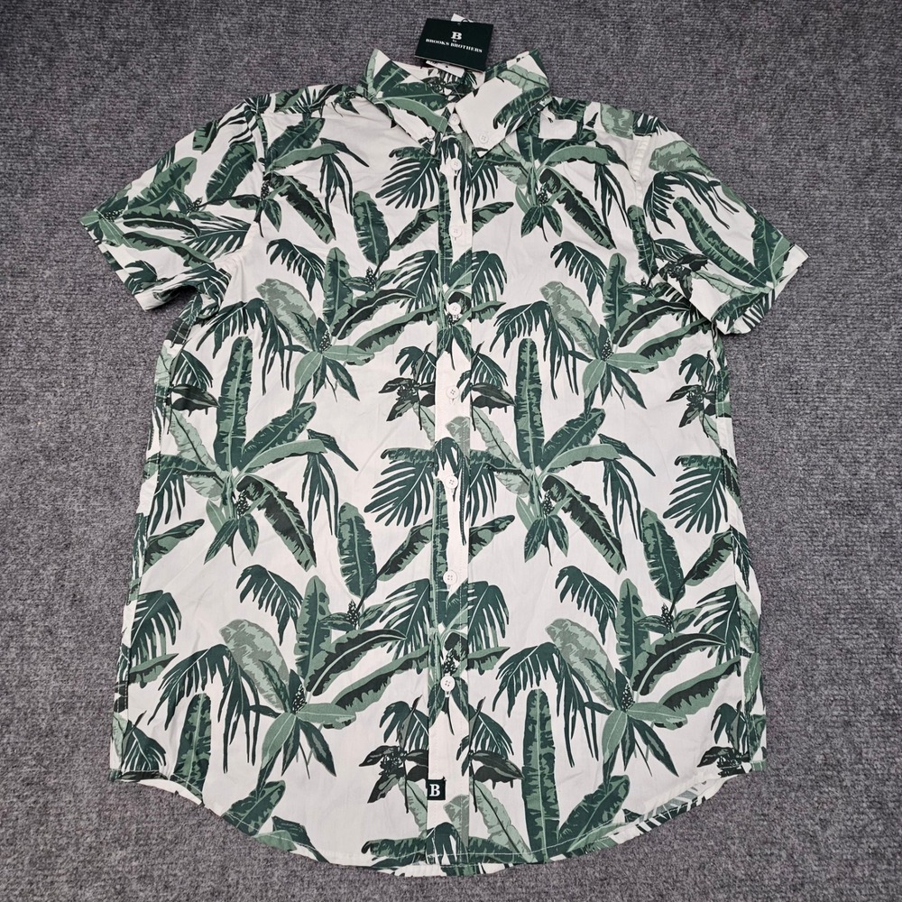 B Brooks Brothers Boys Shirt Tropical Palm Leaf Print Button Down White Green 10